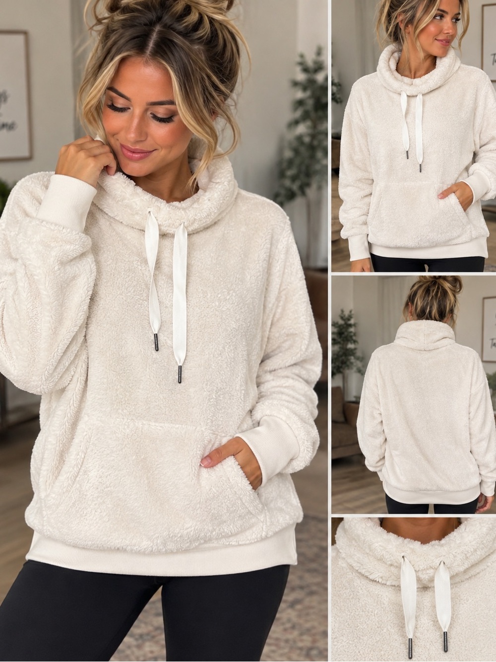 Mondetta Ivory Plush Sherpa Funnel Neck Pullover Hoodie